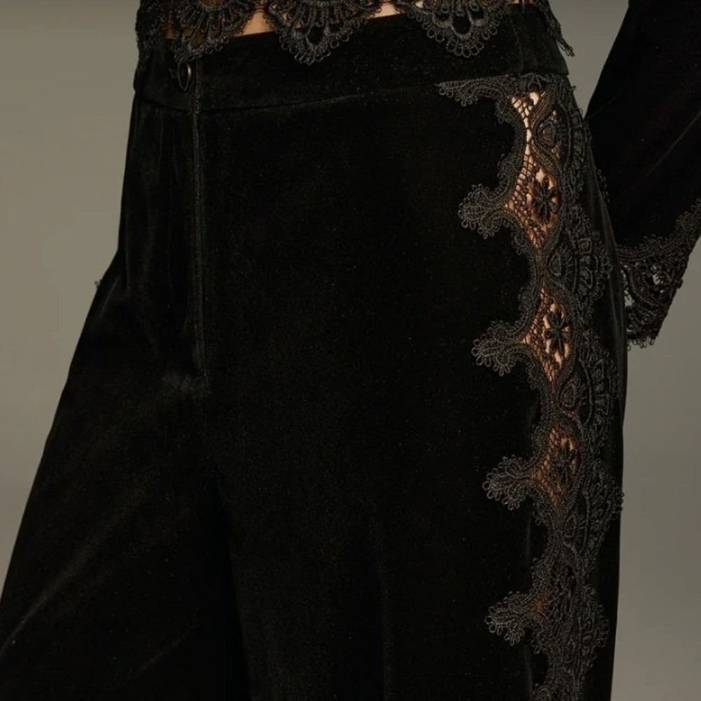 Commense Black Velvet Wide Leg Pants Sheer Lace Side Panel High Rise Large NEW - Picture 2 of 16